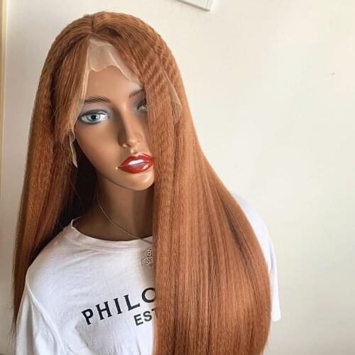 Brown Blonde Color Kinky Straight Synthetic Lace Front Wig Heat Resistant Fiber Hair Yaki Natural Hairline For Women Wigs