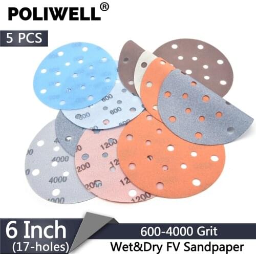POLIWELL 5Pcs 150mm 17-Holes Waterproof FV Superfine Sanding Discs Grit 4000 Sandpaper for Polishing Abrasive Tools Accessories