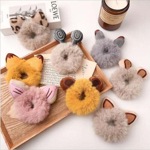 Winter New Girls Cute Cartton Animals Ears Plush Scrunchie Ponytail Holder Hair Rubber Bands Headband Fashion Hair Accessories