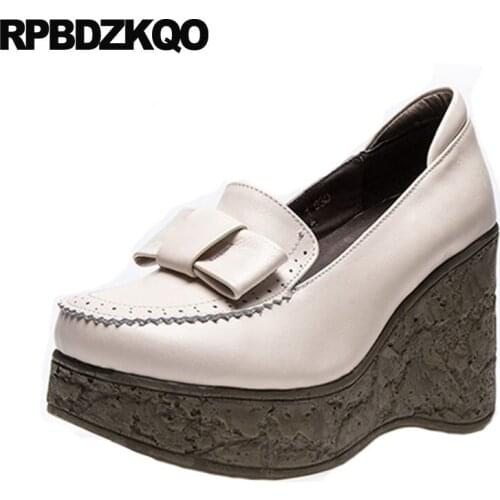Wedge Pumps Luxury Bow Black Chic 2021 Genuine Leather Shoes Women Platform Size 33 Beige High Heels 4 34 Round Toe Customized