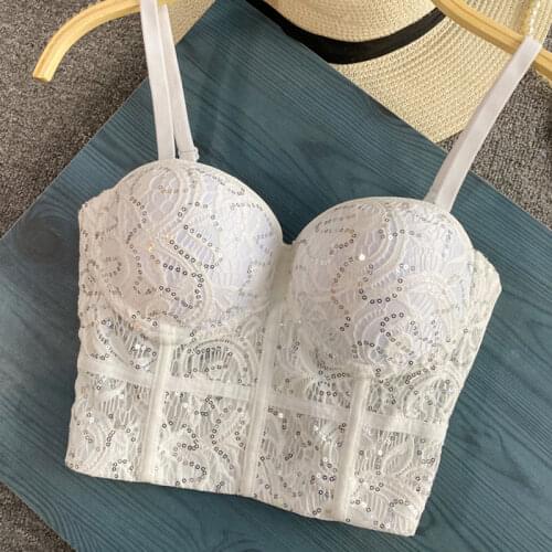 Vintage Sequins Sexy Tank Top Women Lace Corset Short Crop Top Perspective Vest Sexy Party Nightclub Camisole Female Bustier