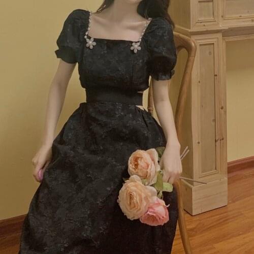 High-End Customization Summer New Arrival Vintage Black Big Size Square Collar Embroidery Dress Loose Quality Waist-Tightening