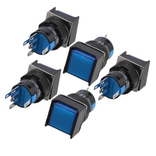 YOCOMYLY 5Pcs/Lot Blue Square Cap DC12V Light SPDT 5 Terminals Latching Push Button Switch