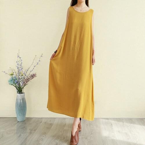 Spring And Summer Retro Literary Pure Color Cotton Vest Dress Super Long Temperament Long Skirt Loose Sleeveless Bottoming Skirt