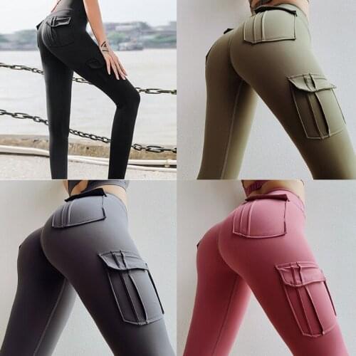 Women Slim Multi-pocket Military Uniform Yoga Pants Sport Gym Leggings Peach Hip Fitness Tights Sportswear G99D