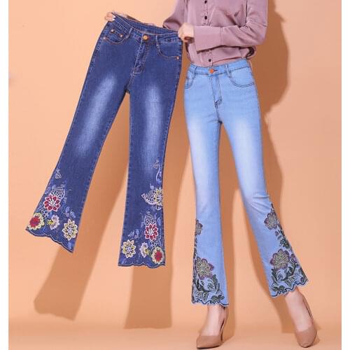 National wind embroidery women denim skinny ripped pants high waist stretch flare pants plus size jeans