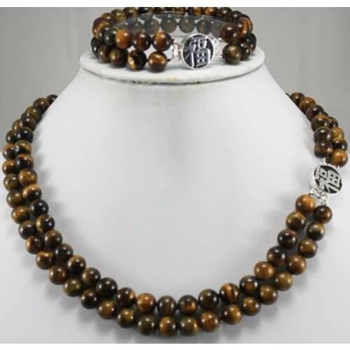 Womens fashion design 2 rows of 8mm Tiger Eye Stone Button Necklace + Bracelet Set