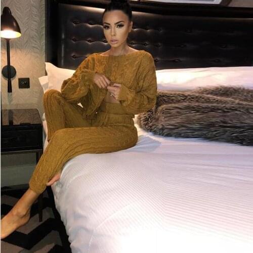 Winter Knitted Two Piece Set Women Long Sleeve Off Shoulder Casual Sweater Jumpsuits Stripe Elastic Overalls Streetwear