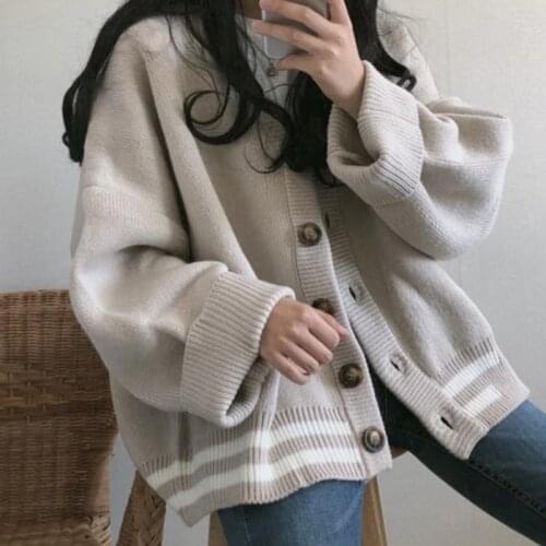 Women Knitted Sweater Autumn Winter Korean style 2020 Vintage V-neck oversize Harajuku Solid Color Plus Size Cardigan Knitwear