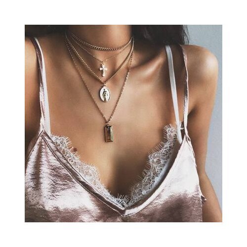 Gold Multilayer Custom Necklace Suqare Layered Cross Chain Necklace for Women Vintage Religious Charms Jewelry Pendientes