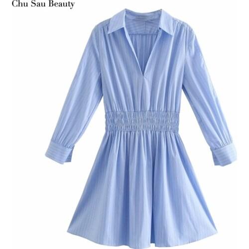 Chu Sau Beauty Za 2021 Ladies Shirt Dress Office Ladies Lapel Long Sleeve Dress Elegant Waist Casual Dress 2 Colors