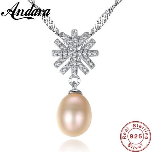 8-9mm Freshwater Pearl Necklace Sterling Silver 925 Snowflake Clear CZ Pendant Necklaces for Women Wedding