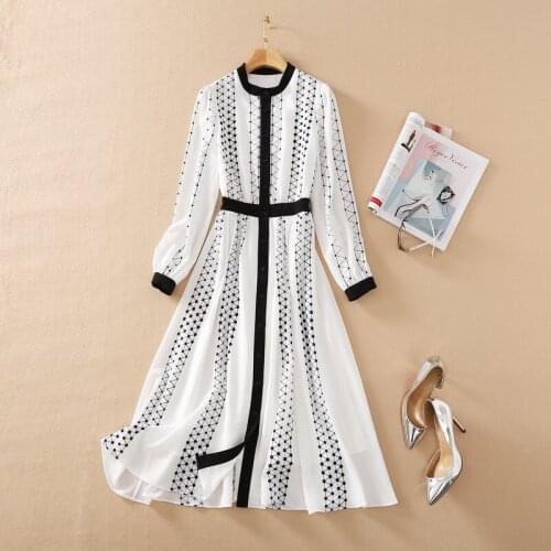 2021 Spring Summer Free Shipping Crew New White Long Sleeve Empire Mid Calf Women Dress