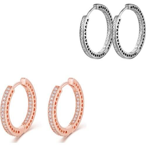 2 Types Clear CZ 100% Real 925 Silver Rose Golden Color Christmas Round Shape Female Radiant Hearts Hoop Earrings for Women