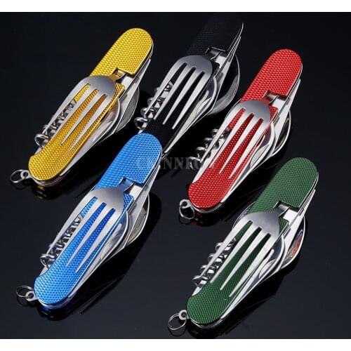 50Pcs/Lot 6 In 1 Folding Stainless Steel Spoon Fork Knife Camping Picnic Tableware Portable Outdoor Tableware 3 Colors