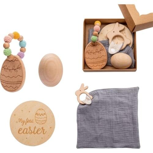Baby Newborn Memorial Milestone Montessori Easter Egg Wooden Rattle Bibs Milestone Easter Set for Baby Gift Photography props
