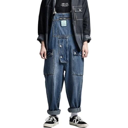 Mens denim overalls denim loose pants Japan and South Korea overalls youth casual blue overalls