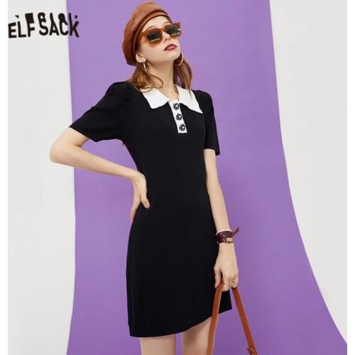 ELFSACK Solid Chic Floral Button Casual Vintage Dresses Women,2021 Summer Stylish Short Sleeve Korean Ladies Daily Preppy Dress