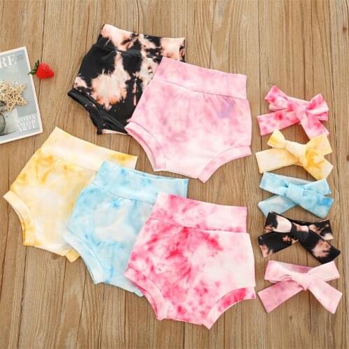 Newborn Baby Girls Boys Tie-Dye Printed Shorts+Headband 2pcs Elastic High Waist Shorts Bottoms