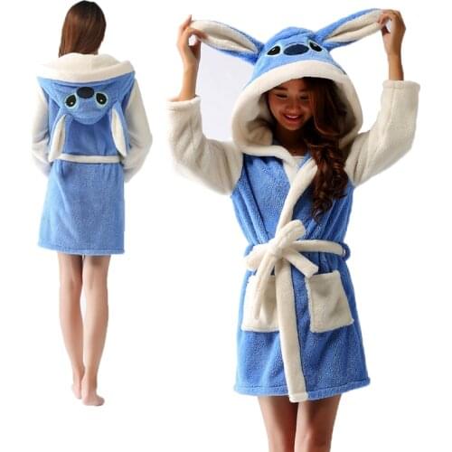 Blue Stitch Bath Robe Hooded Women Bathrobe Cartoon Homewear Animal Warm Flannel Dressing Gown Soft Robes Sleepwears Kigurumi