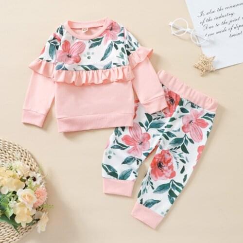 2Pcs Little Girls Outfit, Toddlers Sweet Style Floral Printing Lace Splicing Long Sleeve Tops + Long Pants Set Spring Autumn