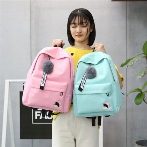 Korean Nylon Casual Women Backpack Canvas Book Bags Preppy Style School Back Bags for Teenage Girls Fur Ball Toy Bag