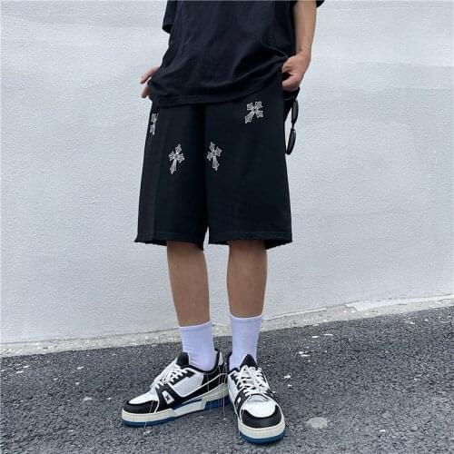 Summer New Womens Five-Point Pants Dark Harajuku Style Front And Rear Cross Print Hole Street Trend Mens Casual Loose Shorts