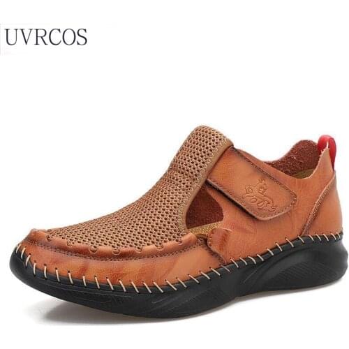 2021 New Mens Handmade Leather Mesh Splicing Sandals Summerc Black Beach Sandals Fashion Casual Slippers Size 48