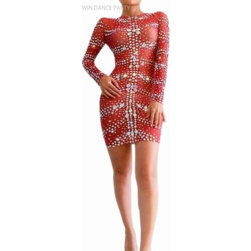 Multi-color Stones Nude Red Mesh Dress Evening Bar Birthday Celebrate Prom Dance Transparent Women Dancer Singer Dres