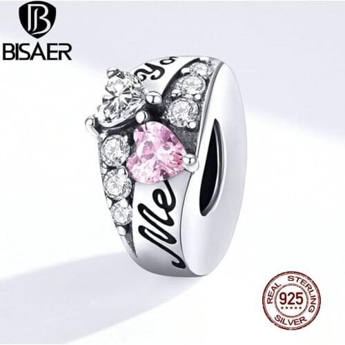 BISAER You Me Heart Charms 925 Sterling Silver Pink Zircon Bead Designer Pendanr Charms For Bracelet Jewelry For Women EFC283