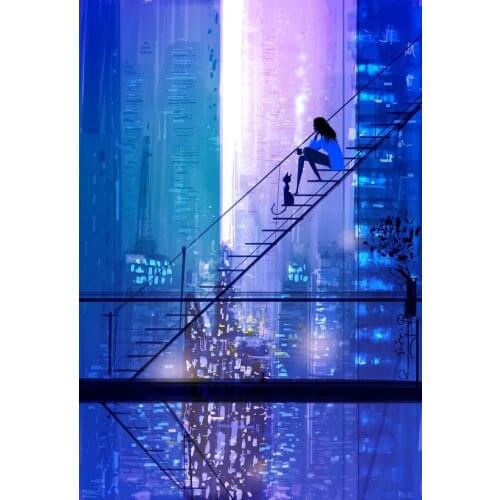 Hand Painted Modern Abstract Fine Art the Girl and Pet Cat Sit at Ladder See Beautiful City Night View Oil Painting on Canvas