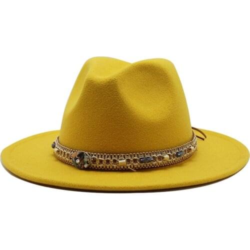 Women Men Wide Brim Wool Felt Jazz Fedora Hats Panama Style Cowboy Trilby Party formal Dress Hat Large Size Yellow white