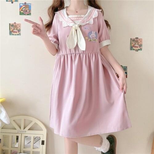Japanese Little Fresh Sweet Soft Girls Knee Long Dress Summer Lovely Tie Baby Collar High Waist A-Line Short Sleeve Women Dress