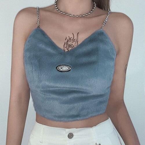 Winter women fur crop top camisole metal chain 2020 autumn fashion tank top spaghetti strap blue tees women clothes camis