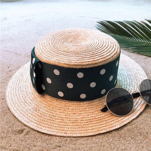 Women Wheat Straw Boater Sun Hat For Lady Summer Beach Flat Sunbonnet Fashion Bowknot Pork Pie hat Size 56-58CM