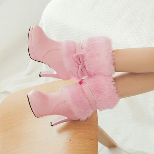 Women Boots Autumn Winter Warm Fur New Sexy Fashion Pu Mid-calf Motorcycle Snow Boots Black Pink White High-heeled Shoes 369
