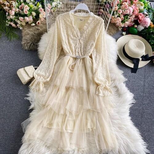 2021 Spring new women Deep v-neck long sleeve lace stitching gauze fairy dress female elegant waist mesh A-line dresses