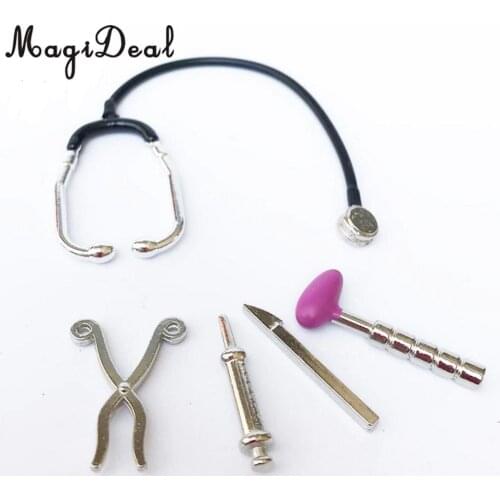 1/12 Dollhouse Miniature 5 Pieces Alloy Stethoscope Set Equipment Decoration for Kids Children Pretend Play Doctor Nurse Toys