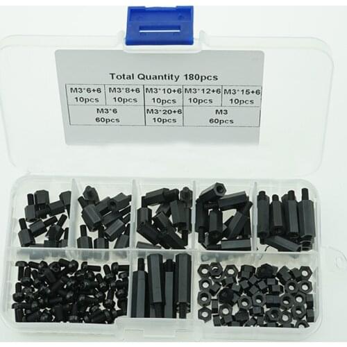 180pcs/Box M3 6-20mm Nylon Screw Hex Screw Nut PCB standoffs Assortment Kit with Box Fastener Hardware Black