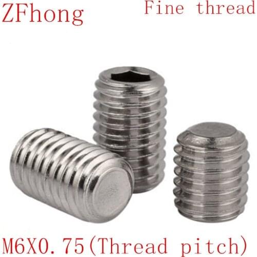 20pcs M6*0.75*L 0.75mm thread pitch fine thread Stainless Steel Hex Socket set screw