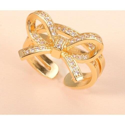 2021 New Exquisite Zircon Bow Knot Finger Rings for Women Temperament Ladies Engagement Love Gold Open Ring Bridal Jewelry Gift