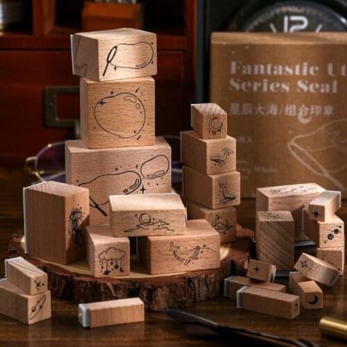 24 Pcs/set Star Sea Series Decoration Stamp Wooden Rubber Stamps for Scrapbooking Stationery DIY Craft Standard Seal