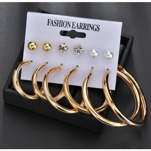 6 Pairs/set 2021 NEW Romantic Exquisite Heart Crystal Earring Gold Color Big Round Circle Sexy Hoop Earring Set Women