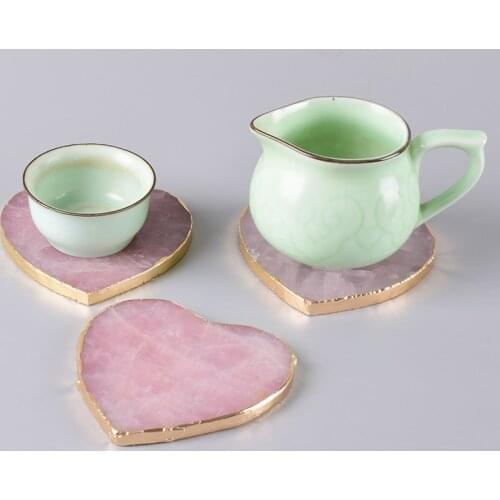 9.5 cm Rose Quartz Pad Electroplated Gold Edge Heart Shape Gems Crafts Slice Coaster Cup Beverage Holder Stone Mat Decor plates