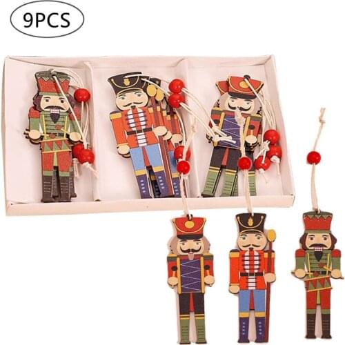 9Pcs Christmas Walnut Soldier Wooden Pendant Colorful Printed Wooden Pendant Christmas Tree Holiday Party Decorations