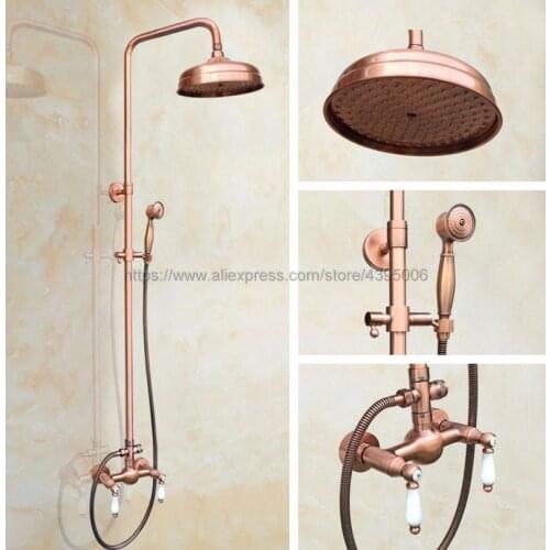 Antique Red Copper Shower Faucet Set 8 Inch Shower Head Hand Shower Sprayer W/ Hand Shower Wall Mounted Mixer Tap Brg581