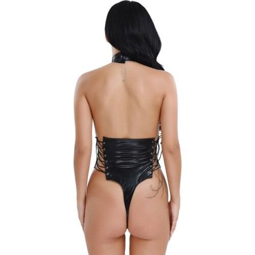 Women Artificial Leather Bodysuit Leather Lingerie Elastic Hollow Out Bandage Party Bodysuit Nightclub Sexy Backless Bodysuits