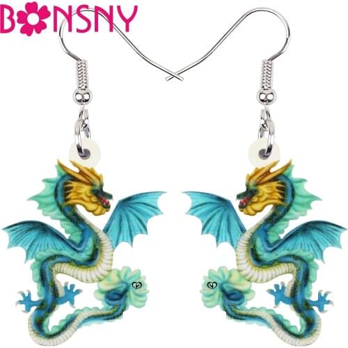 Bonsny Acrylic Cute Blue Dragon Chinese Long Wings Earrings Fashion Big Long Drop Dangle Jewelry For Women Girl Teens Charm Gift
