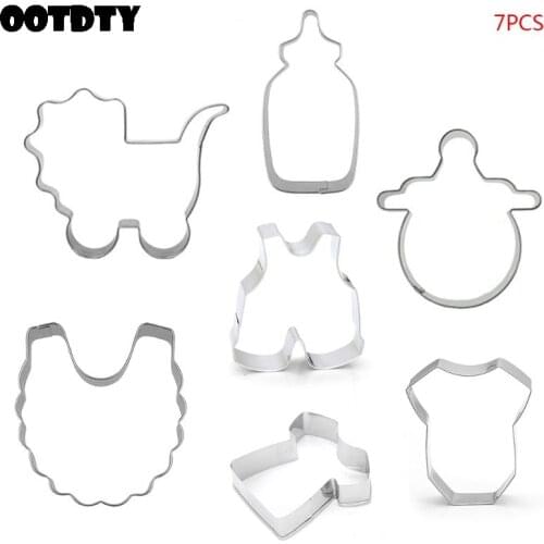 Baby Stroller Feeding Bottle Clothes Bib Shape DIY Cookie Cutter Biscuit Mold Baking Decorating Tools Stainless Steel 7Pcs/Set