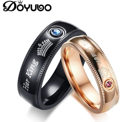 DOYUBO New European Design Stainless Steel Rings For Lovers Black/Rose Gold Plating Engarve King & Queen CZ Rings Jewelry DF081